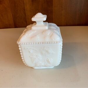 Vintage Westmoreland Milk Glass Paneled Beaded Grape Puff Box & Lid